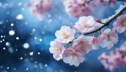 青い背景に淡いピンクの冬桜、雪の結晶が舞い、静けさが広がる冬の風景

