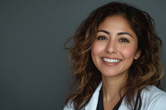 Profile picture of attractive successful latina woman doctor, feeling satisfied with career, healthcare mission.