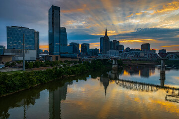 sunset to night view of Nashville Skyline as seen over the Cumberland River