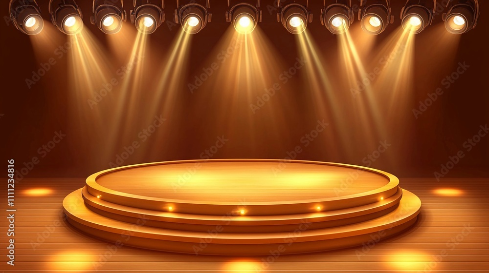 Poster stage illuminated by warm lights set for a performance or presentation evening show