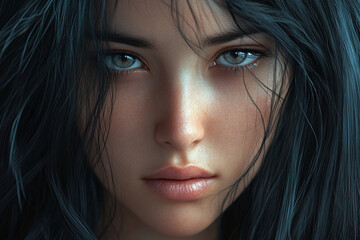Fototapeta premium A close-up portrait showing a young woman with long black hair and calm expression. The image captures beauty and tranquility.
