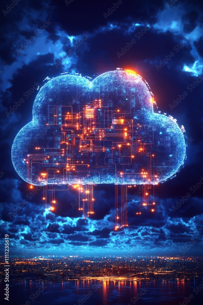 Poster futuristic cloud tech concept. glowing data connections form cloud shape over city at night. network