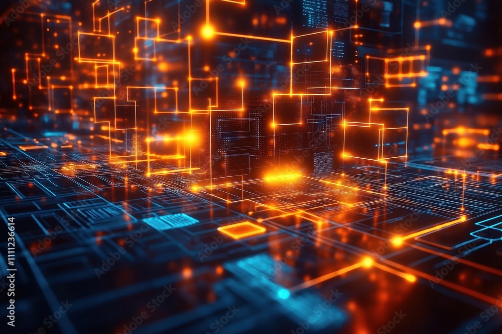 Aufkleber Futuristic tech network. Global business network. Interconnected data. IoT. AI generative. Dynamic tech connections. Bright lines. Orange glowing elements. Complex intricate network design. Global