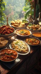 A large tray of food with many different dishes on it. indian food. Ultra realistic. Photorealistic hypermaximalist advertising photography hyper realistic fine detail