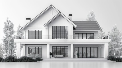 A modern two-story house with large windows and a spacious terrace, featuring minimalist design.