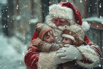 heartful santa claus hugging poor children in the streets
