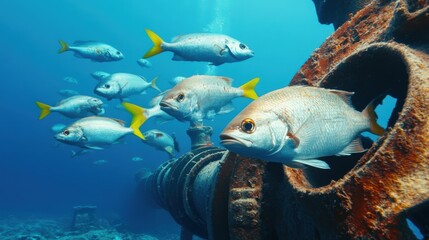 Naklejka premium Underwater Scene with School of Fish Swimming Around a Rusty Pipe Surrounded by Coral in a Clear Blue Ocean Environment