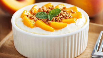 Creamy cottage cheese with peaches and granola, garnished with mint