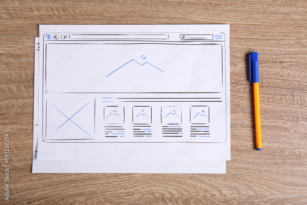 Aufkleber developing ui design. sketches of website wireframes and pen on wooden table, top view