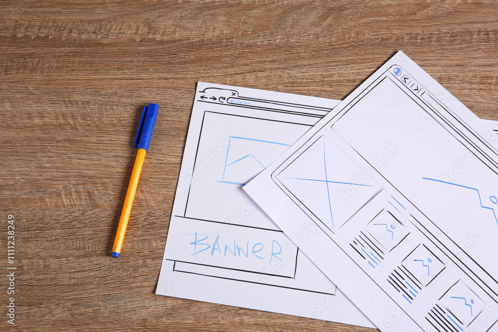 Poster developing ui design. sketches of website wireframes and pen on wooden table, top view