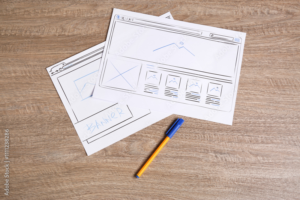 Poster developing ui design. sketches of website wireframes and pen on wooden table, top view