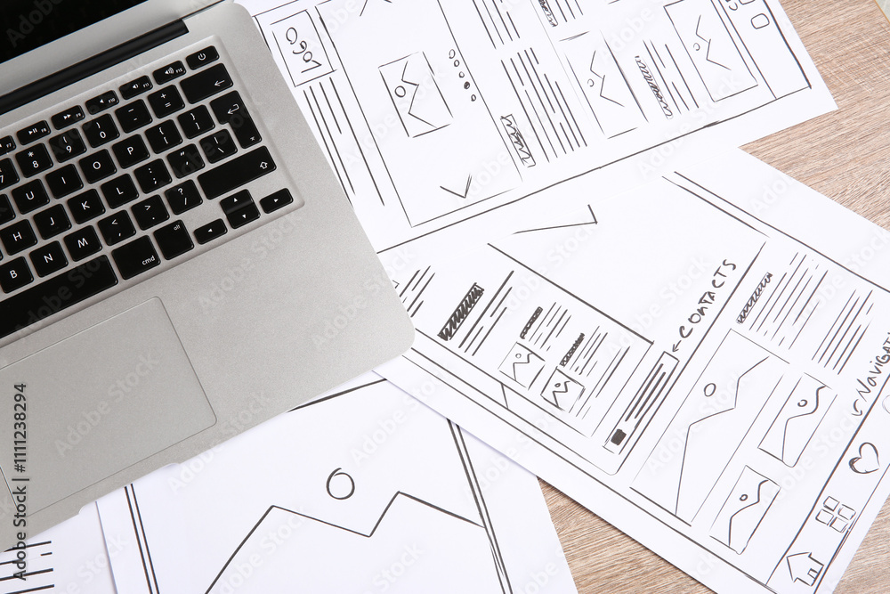 Poster developing ui design. sketches of website wireframes and laptop on wooden table, top view