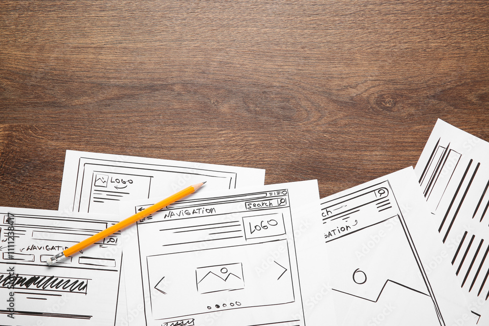 Poster developing ui design. sketches of website wireframes and pencil on wooden table, top view