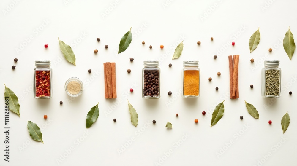 Poster vibrant jars of spices and herbs are artfully arranged with bay leaves and cinnamon sticks on a clea