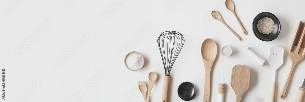 Aufkleber Various kitchen tools like spatulas, whisks, and pots are neatly displayed on a white surface with space for additional content. Generative AI