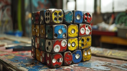 Fototapeta premium A colorful cube made of painted blocks arranged in a playful pattern.