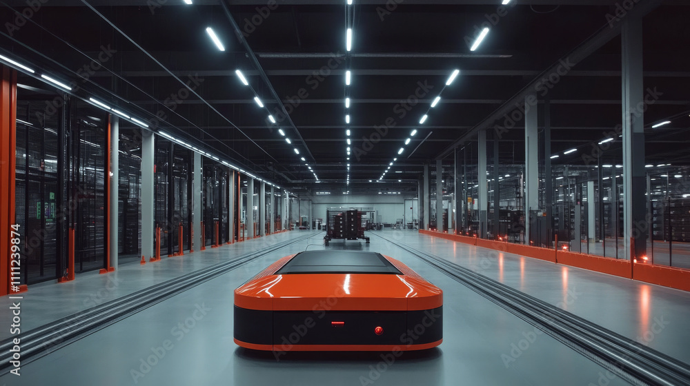 Poster a robot glides through a large, illuminated warehouse. concept of automation and technology. for dem