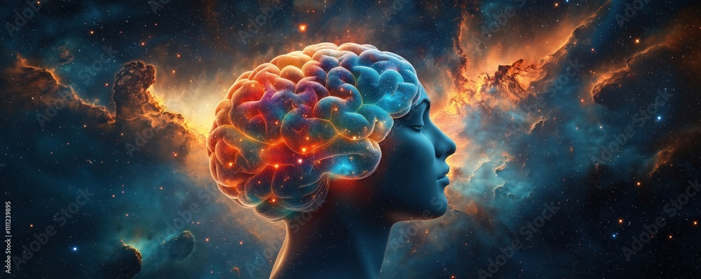 Aufkleber AI driven social media content creation concept. Human head profile shows colorful neural network brain in outer space. Futuristic creative tech process. Innovative content generation. Digital media.