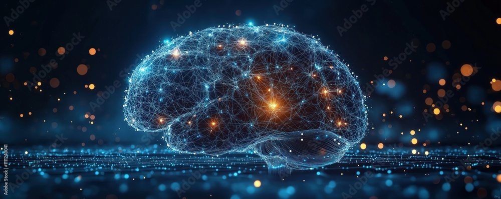 Aufkleber Digital neural network connects human brain. Tech illustration shows brain with glowing network connections. Complex network in dark space. Modern tech concept. Advanced tech image. Scientific