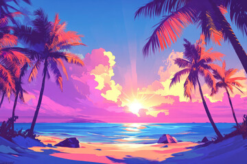 Fototapeta premium Tranquil tropical landscape with palm trees and serene sunrise over sea. Bright, gentle rays of sunlight pass through soft clouds, illuminating scene in warm shades of purple, blue, and yellow