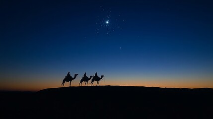 Silhouettes of three wise men on camels under starry night sky
