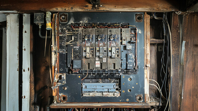 An electrician upgrading the electrical panel and wiring in an older house to meet modern safety standards and prevent potential hazards.