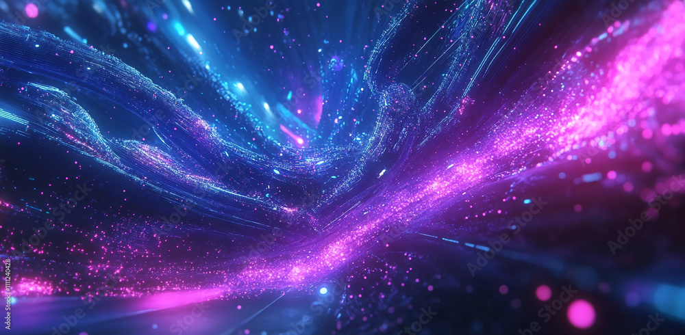 Poster colorful cosmic abstract illustration depicting vibrant particles and flowing waves in a digital uni