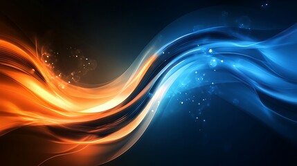Abstract waves of orange and blue blend in a dynamic, fluid design.