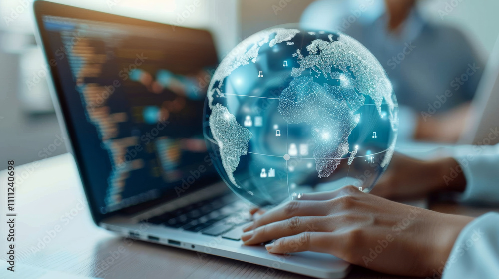Poster a person types on a laptop with a floating holographic globe above the keyboard. concept is global c