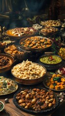 Obraz premium North indian food buffet at wedding. indian food. Ultra realistic. Photorealistic hypermaximalist advertising photography hyper realistic fine detail
