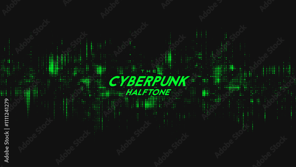 Poster abstract vector green cyberpunk halftone sound wave. scrathed dotted texture element.