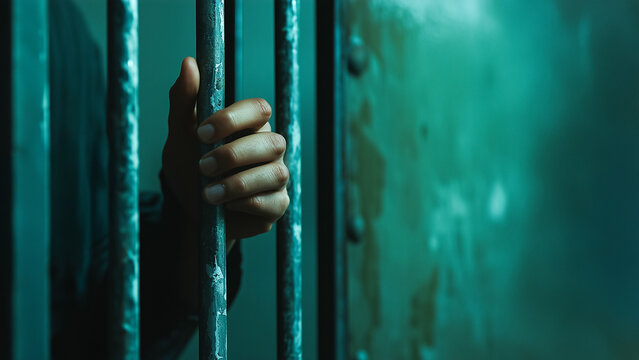 A dramatic prison scene with a hand holding onto weathered bars