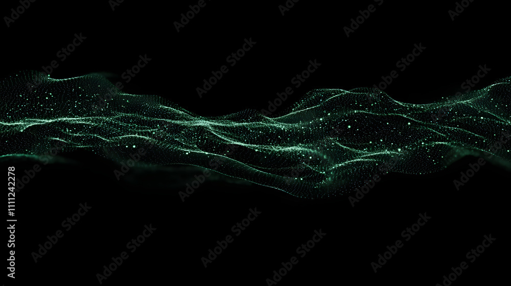 Poster abstract technology wave of particles. big data visualization. dark background with motion green lin