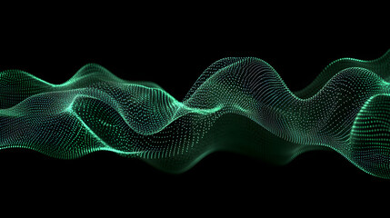 Abstract technology wave of particles. Big data visualization. Dark background with motion green lines. Artificial intelligence. 3d rendering.