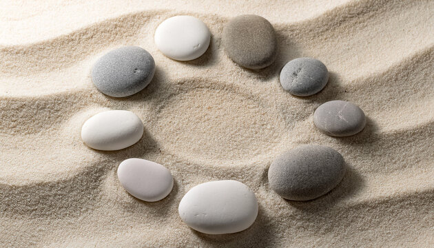 Small pebbles are arranged in a circle on the white sand.