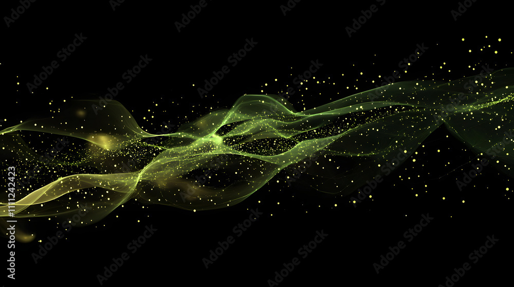 Poster abstract technology wave of particles. big data visualization. dark background with motion green lin