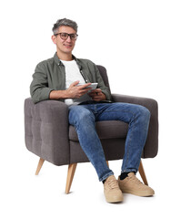 Professional psychologist with notebook sitting on chair against white background