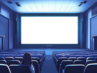 Fototapeta premium Blue cinema hall with white blank screen and empty seats, concept of movie theater, entertainment, and leisure