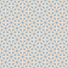 Vector seamless pattern with ethnic folk motifs. Simple floral geometric ornament. Blue and beige background texture with grid, flower silhouettes, diamond shapes. Retro vintage style repeated design