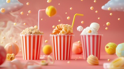 Colorful snacks in striped cups with playful decorations and a whimsical background.