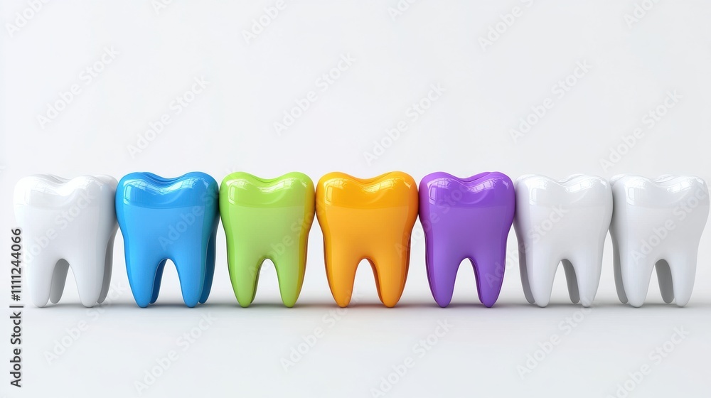 Poster Colored dental implants are displayed among healthy teeth on a white background, providing a clear view and space for informative text. Generative AI