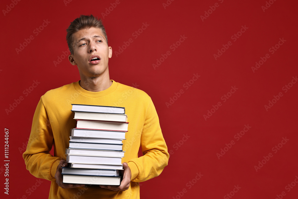 Poster tired student with stack of books having stress before exam on red background. space for text