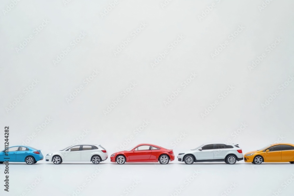 Poster Colorful miniature car models are arranged neatly on a white background, providing space for creative text and design elements for various purposes. Generative AI