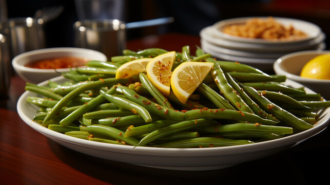 Steamed green beans lightly dressed with garlic-infused oil and topped with a three lemon wedges and sprinkle of red pepper flakes. Horizontal, side view, wooden table.