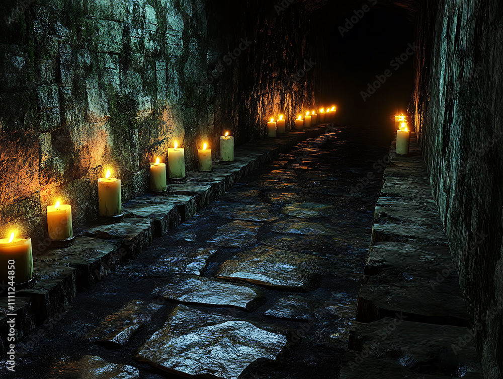 Poster candles illuminate the passage in the dungeon along the stone path