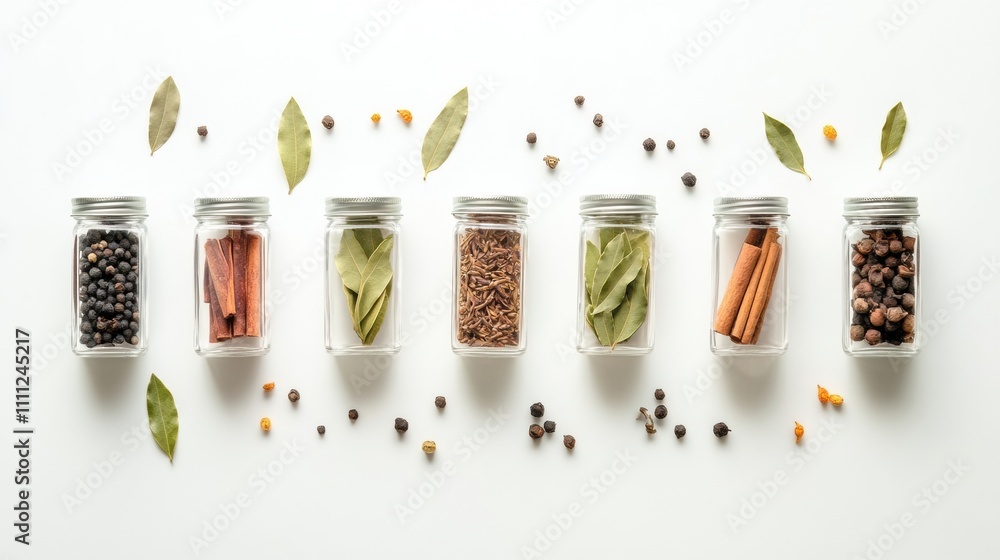 Poster Small jars filled with vibrant spices alongside bay leaves and cinnamon sticks create a visually appealing display perfect for cooking inspiration. Generative AI