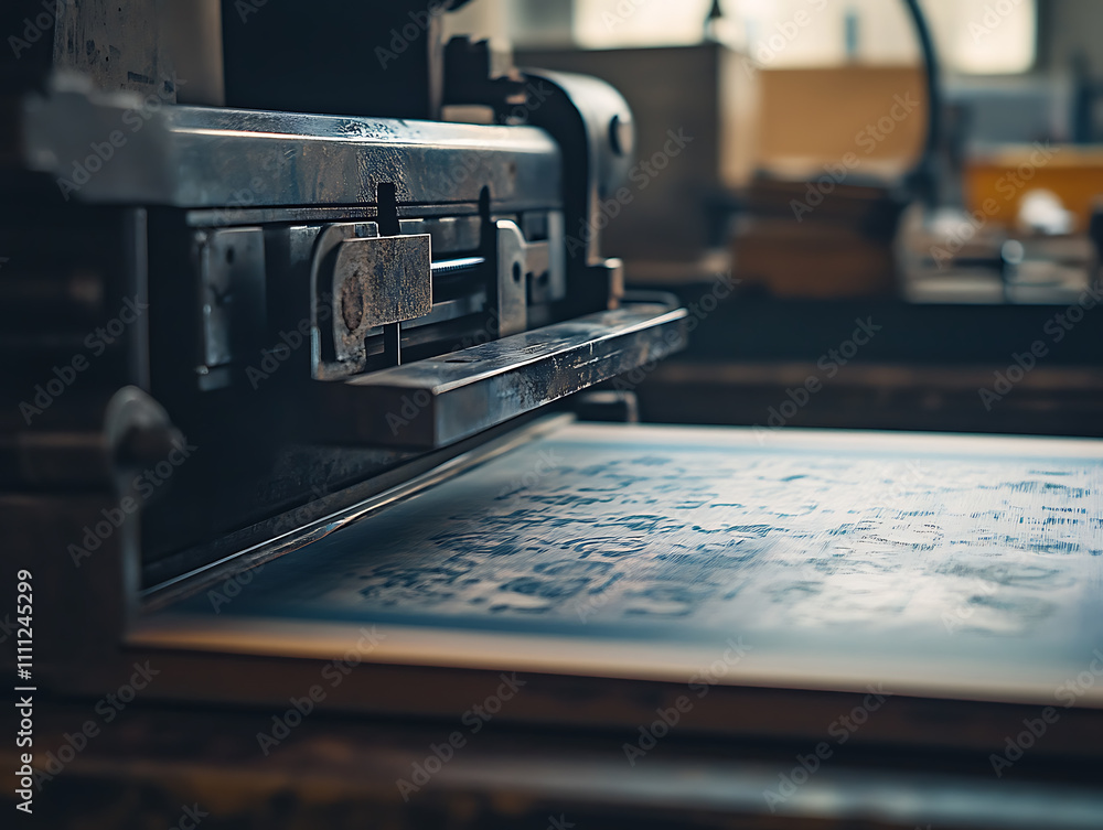 Poster close-up of a press printing machine in operation of printing in color, printing house, publishing i