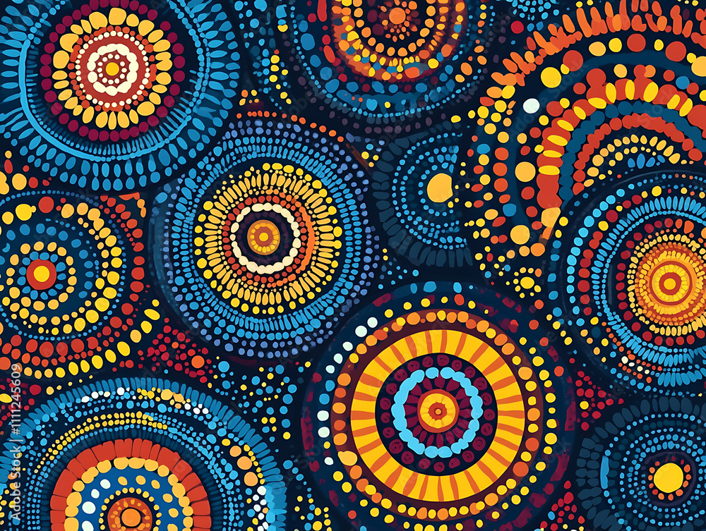 Poster aboriginal vibrant dotwork abstract background with circles