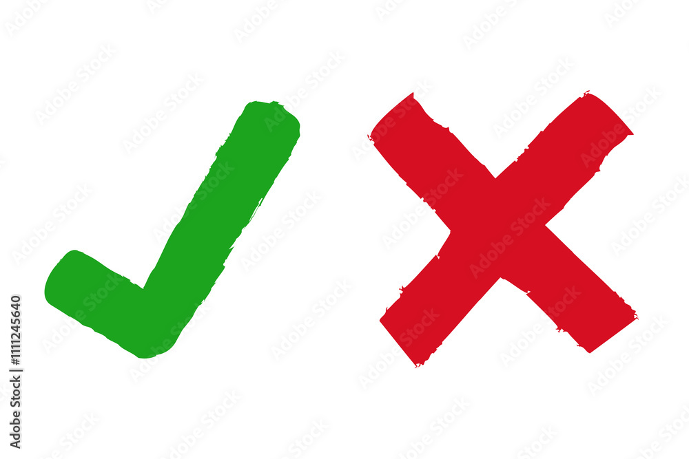 Poster grunge сheck mark and cross vector icon. green check mark and red cross x icon.