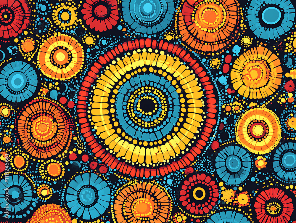 Poster aboriginal vibrant dotwork abstract background with circles